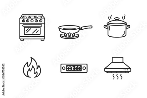 Kitchen appliance icons: stove, pan, pot, fire, timer, and ventilation