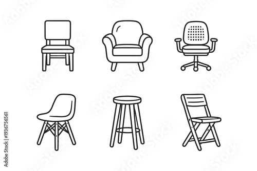 Collection of six chair designs with varied styles and functions