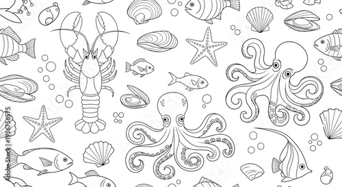 Seamless black and white line art pattern featuring a variety of hand-drawn sea creatures like octopus, lobster, fish, and shells.