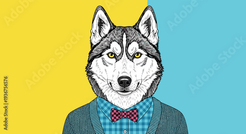 Hipster husky dog character dressed in a stylish plaid shirt, cardigan, and bow tie against a colorful two-tone background.