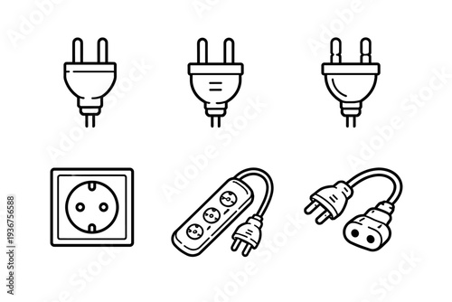 Black and white electrical outlets and plugs set