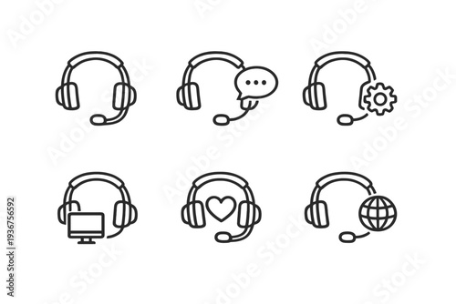 Set of headset icons with speech bubble, cogwheel, monitor, heart, and globe