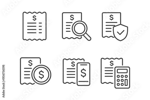 Finance and accounting icons featuring bills, magnifying glass, shield, coin, mobile, calculator