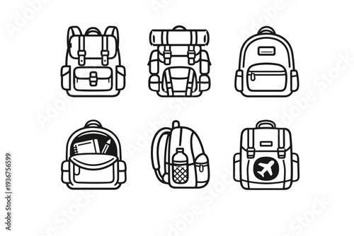 Collection of six backpack icons featuring varied designs and details