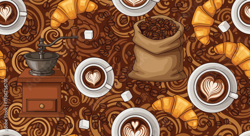 Rich and detailed seamless coffee-themed pattern with coffee cups, croissants, grinders, and beans on a decorative brown background.