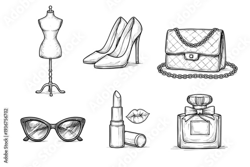 Elegant fashion accessories sketch with heels, handbag, and perfume
