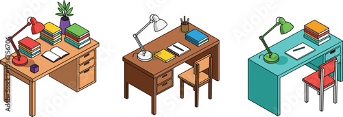 Study desk workspace set, student learning table with books lamp chair, school office furniture vector illustration isolated
