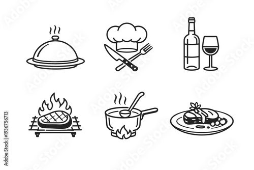 Culinary icons: gourmet cooking and dining symbols in black and white