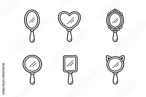 Collection of six hand mirrors with various designs and shapes