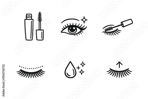 Mascara application icons: eye, lashes, brush, star, drop, line art