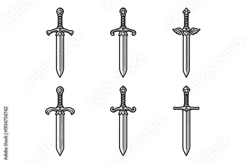 Six distinct ornate medieval swords in black and white illustration