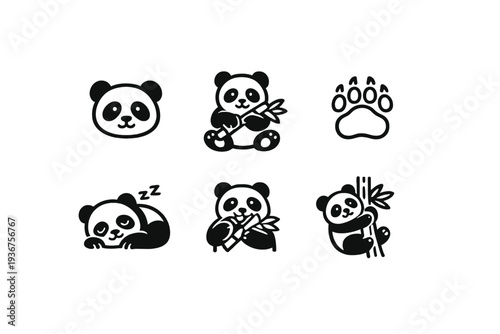 Cute panda icons collection featuring various adorable poses and bamboo motifs