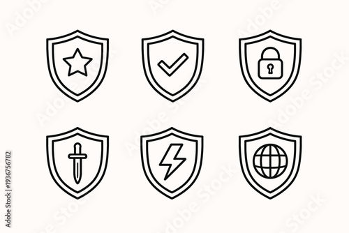 Security icons: star, check, lock, sword, bolt, globe on shields