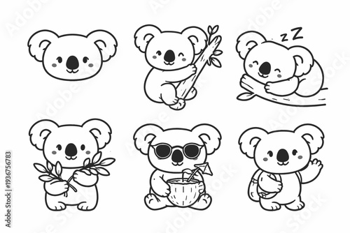 Cute cartoon koalas in different poses and activities