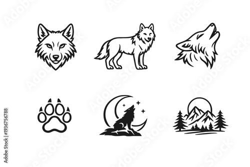 Wolf icons: head, standing, howling, paw print, moon, landscape