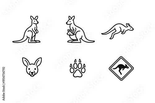 Kangaroo icon set with hopping kangaroo and paw print symbols