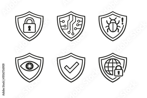 Cybersecurity icons: lock, circuit, bug, eye, checkmark, globe