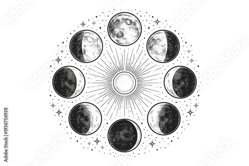 Detailed phases of the moon surrounding a sun with stars