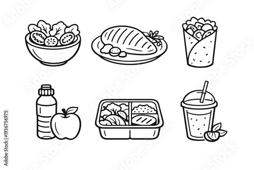 Healthy food icons: salad, sandwich, wrap, juice, apple, bento box