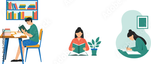 Students studying, reading books, writing notes, education concept, learning at home, school study, knowledge illustration, academic lifestyle vector