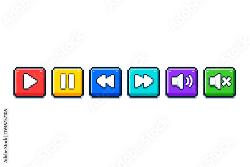 Colorful pixel art media control icons: play, pause, rewind, fast forward, volume, mute