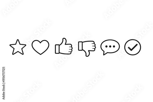 Set of minimalist line icons: star, heart, thumbs up, thumbs down, speech bubble, checkmark