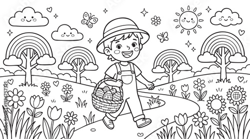 Easter Coloring Page Boy Carrying Basket with Eggs