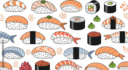 Colorful and cute seamless pattern of various Japanese sushi, maki rolls, wasabi, and ginger in a playful cartoon pixel art style.
