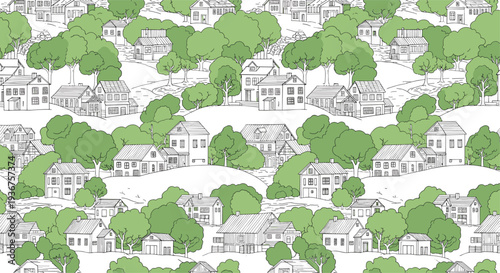 Seamless pattern of a charming hand-drawn village with houses nestled among green trees on rolling hills for a peaceful landscape.