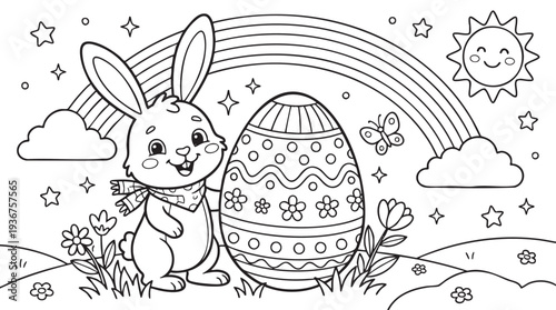 Easter Bunny and Decorated Egg in Spring Landscape Coloring Page