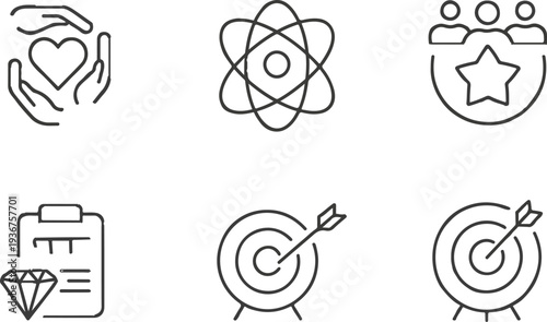 Minimal Line Business and Success Icons Set – Target, Leadership, Innovation, Quality Vector