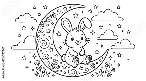 Easter Bunny Resting on a Decorated Crescent Moon Coloring Page