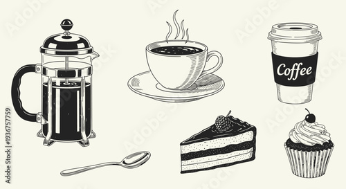 A collection of hand-drawn coffee shop items in a vintage engraving style, including a french press, cupcake, and a slice of cake.