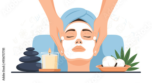 Relaxing spa day scene with a woman receiving a facial massage and a clay mask, surrounded by candles and zen stones.