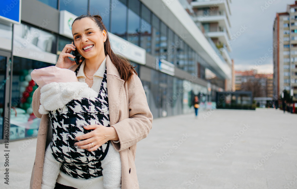 Fototapeta premium Mom with baby at ATM using a phone