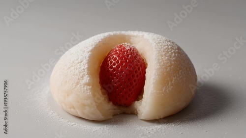 Mochi with Strawberry Center and Powdered Sugar, a Delicious Japanese Dessert