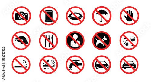 Collection of prohibition signs with various symbols in red circle indicating forbidden actions or objects in vector graphic design