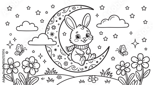 Easter Bunny Coloring Page Cute Rabbit Sitting on a Crescent Moon