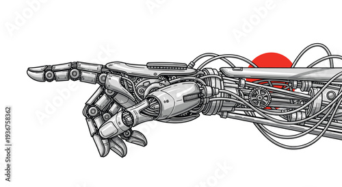 Highly detailed illustration of a robotic mechanical arm and hand pointing forward, showcasing intricate wires, gears, and pistons.