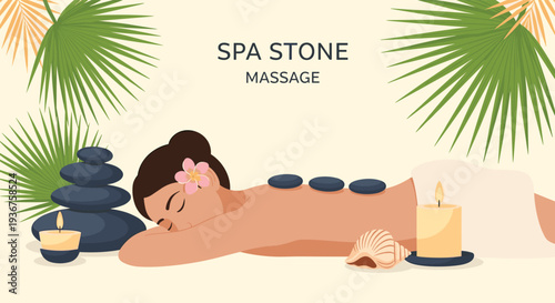 A serene spa scene of a woman relaxing during a hot stone massage, surrounded by tropical leaves, candles, and stacked stones.