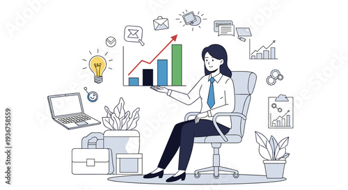 A modern flat design illustration of a businesswoman analyzing a growth chart, surrounded by icons representing work and ideas.
