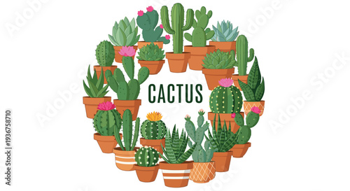 A circular frame made from a variety of colorful cartoon cacti and succulent plants in pots, with the word 'CACTUS' in the center.