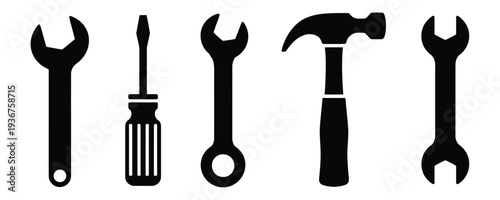 Set of black tool icons including wrenches and hammer