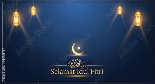 Elegant Eid al-Fitr illustration with glowing crescent moon, mosque silhouette, golden lanterns, blue gold palette and peaceful mood