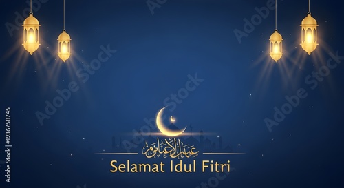 Elegant Eid al-Fitr illustration with glowing crescent moon, mosque silhouette, golden lanterns, blue gold palette and peaceful mood