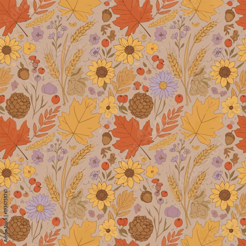 Seamless floral and foliage pattern with autumn leaves, flowers, and wheat from a top-down viewpoint