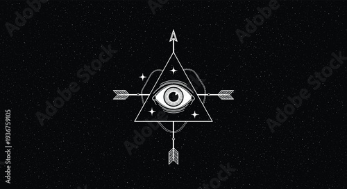 Mystical All-Seeing Eye of Providence symbol inside a pyramid with crossed arrows against a starry night sky background illustration.