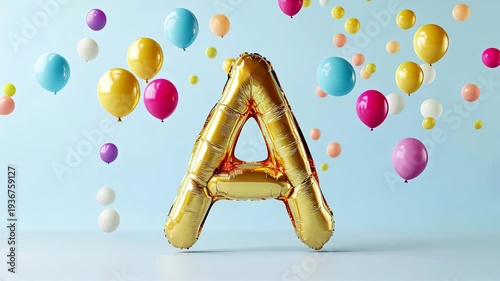 Golden balloon letter A surrounded by colorful balloons in various sizes and shades, creating a festive atmosphere against a light blue background