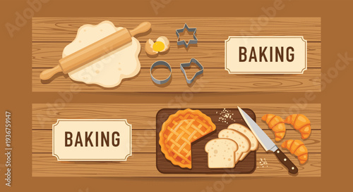 Set of two horizontal banners illustrating the baking process with ingredients and finished goods like pie, bread, and croissants.