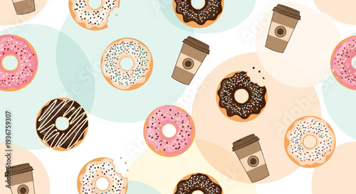 Playful seamless pattern with delicious frosted donuts and takeaway coffee cups scattered over a background of colorful pastel circles.